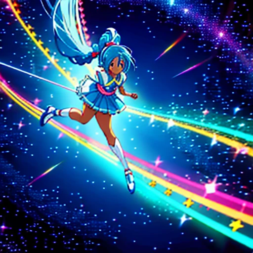 anime, magical girl, (happiness charge precure), pretty cure, (dark skin), African American, (((giant braided ponytail winds swings around body, cyan hair))), blue skirt with spiraling pleats, brooch on chest, curly ribbons from bottom of brooch, (black shirt), ((ballet fourth position)), 1girl, smile, (magical, magnificent, masterpiece:1.3)