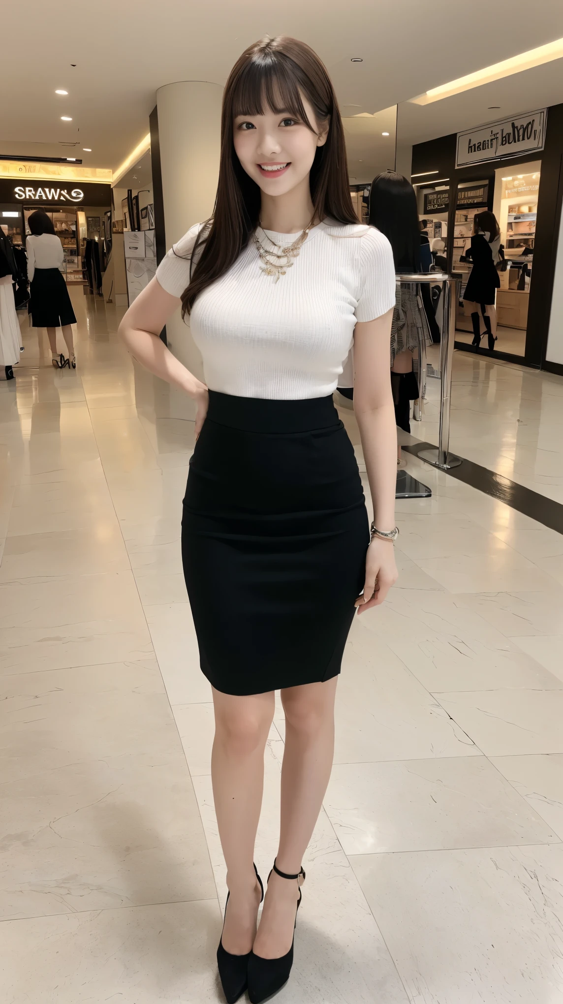 (Best Quality, Masterpiece, Photo realistic, Ultra Detailed, ultra high res, raw:1.3), (2girls), beautiful, Japanese, mature, 28yo, (tight knit, pencil skirt), (smile), long hair, bangs, high-waist, necklace, shopping mall, (long legs, high heels, full body:1.2), (big breasts:1.3)