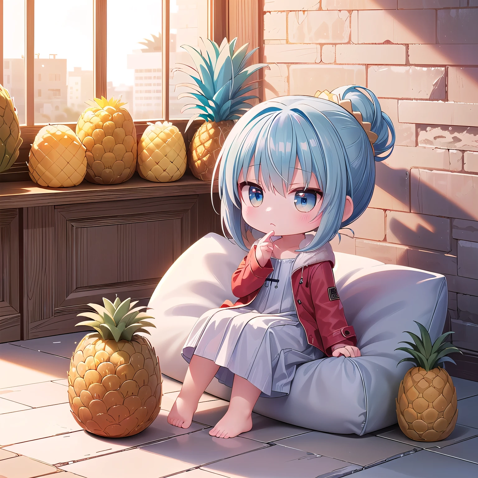 ((Chibi, miniature, REAL, pineapple, 3DCG, Nendoroid, 1 girl: 1.3)) ,(Masterpiece, almond-shaped eyes, glossy white-blue hair, short chignon hair, top quality, carefully drawn fingertips, beautiful anatomy : 1.4), (half body: 1.3), (Red cheeks, indifference, no expression, hair blowing in the wind: 1.2), (Slim and warm clothes, warm denim coat,warm drape long skirt,room slipper,Fluffy one piece,Celebrity Life style: 1.2), (pineapple building,bed,stone wall,Window,stone floor:1.3) 