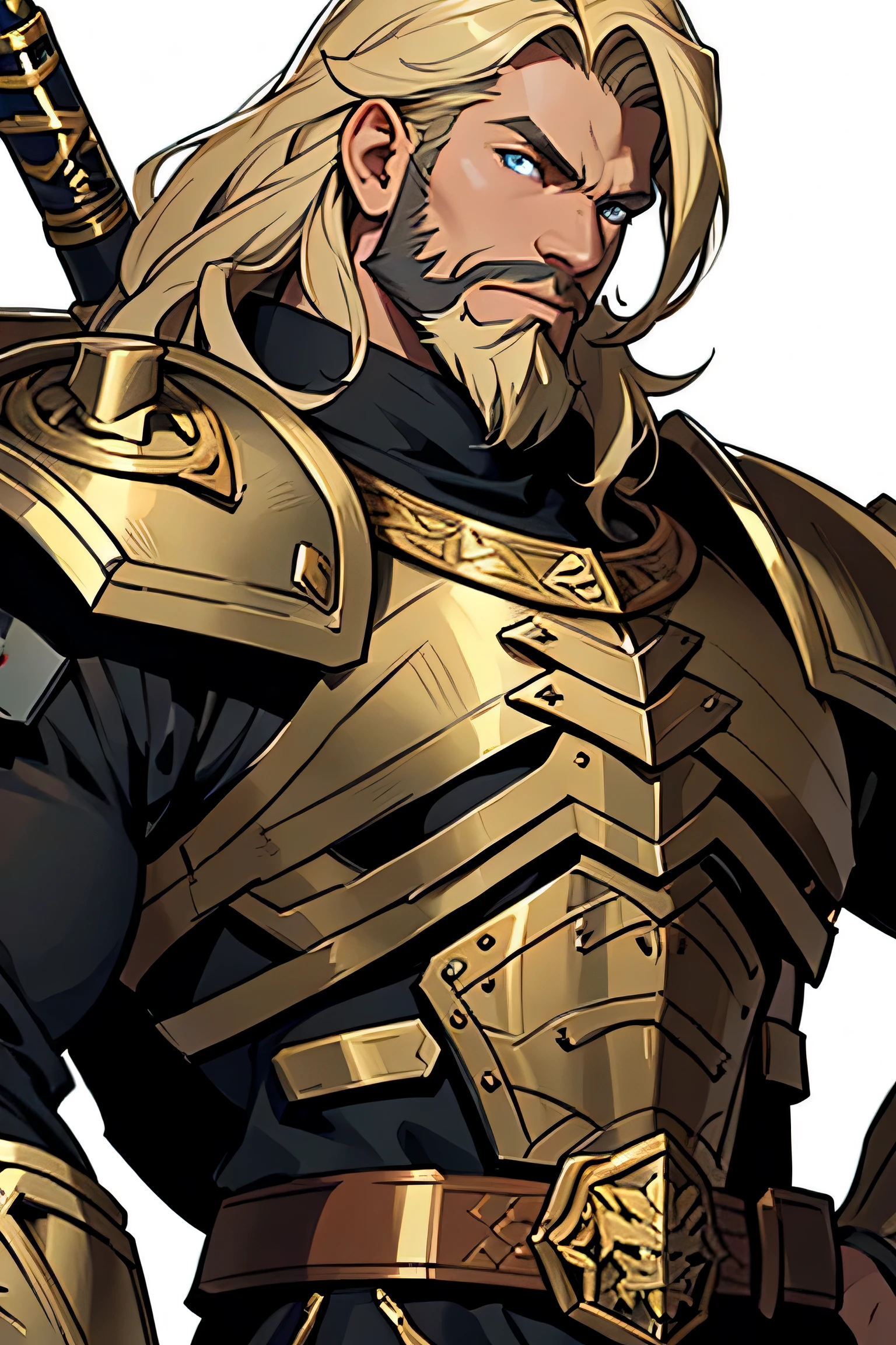 Retrato masculino con cabello rubio liso de longitud media y barba rubia., en una gran armadura negra, similar a Lion El'jonson de Warhammer 40000