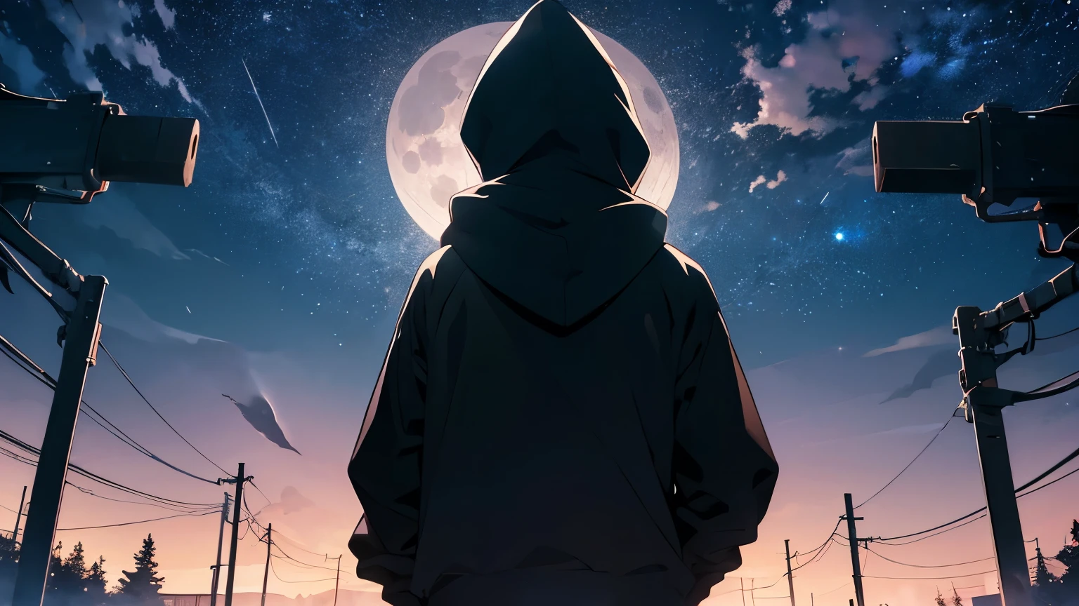 Full back view of a junior high school boy wearing a large black hood and looking up at the full moon and stars above the night city.