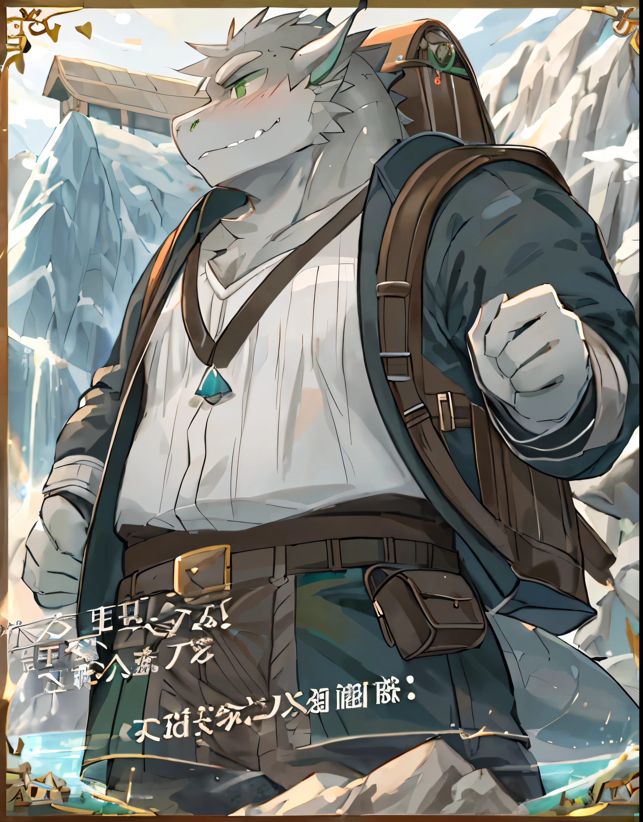 成年Dragon Man,Dragon Man,green eyes,Grayscale all over body,merchant,rock punch,Rock Lotus,Located in the middle of the lake,background,A firm demeanor,super cute face,Wearing a backpack,Use rock magic,lit environment,artwork,meticulous的眼睛,Detailed face,beautiful eyes,masterpiece,dragon tail,high quality,alone,focus,chubby,Lots of brown rock magic,adult male,Grayscale,white hair,best quality,high resolution,wear,Remove subtitles,meticulous
