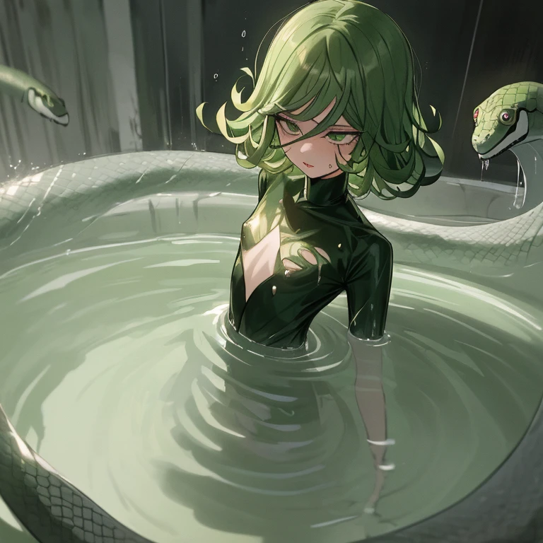 ((top quality, 8k, masterpiece: 1.3, ultra hd, high quality, best quality, high definition, realism)), sharp focus: 1.5, Beautiful girl with a petite and thin body, green hair, Tight clothes that reveal her body shape And the shape of the nipple, Small breasts, Abs, Sexy and seductive pose On bathtub, bathtub  filled with cum, thighs wide open, pubic hair, The pubic shape looks detailed, Covered with cum