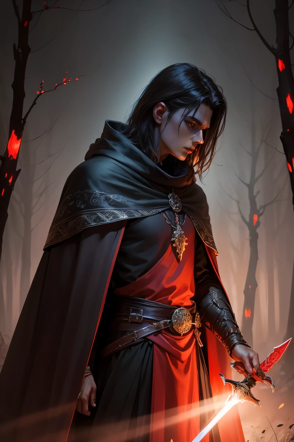 a man in a cloak holding a sword in a dark black and red forest, hold sword in the forest, Glowing Sword (red),dark fantasy style art, dark fantasy artwork, 8k fantasy art, dark fantasy style, 4k fantasy art, epic fantasy art style hd, dark fantasy art, dark fantasy concept art, Epic fantasy in the style of digital art, in style of dark fantasy art, Glowing Sword in hand