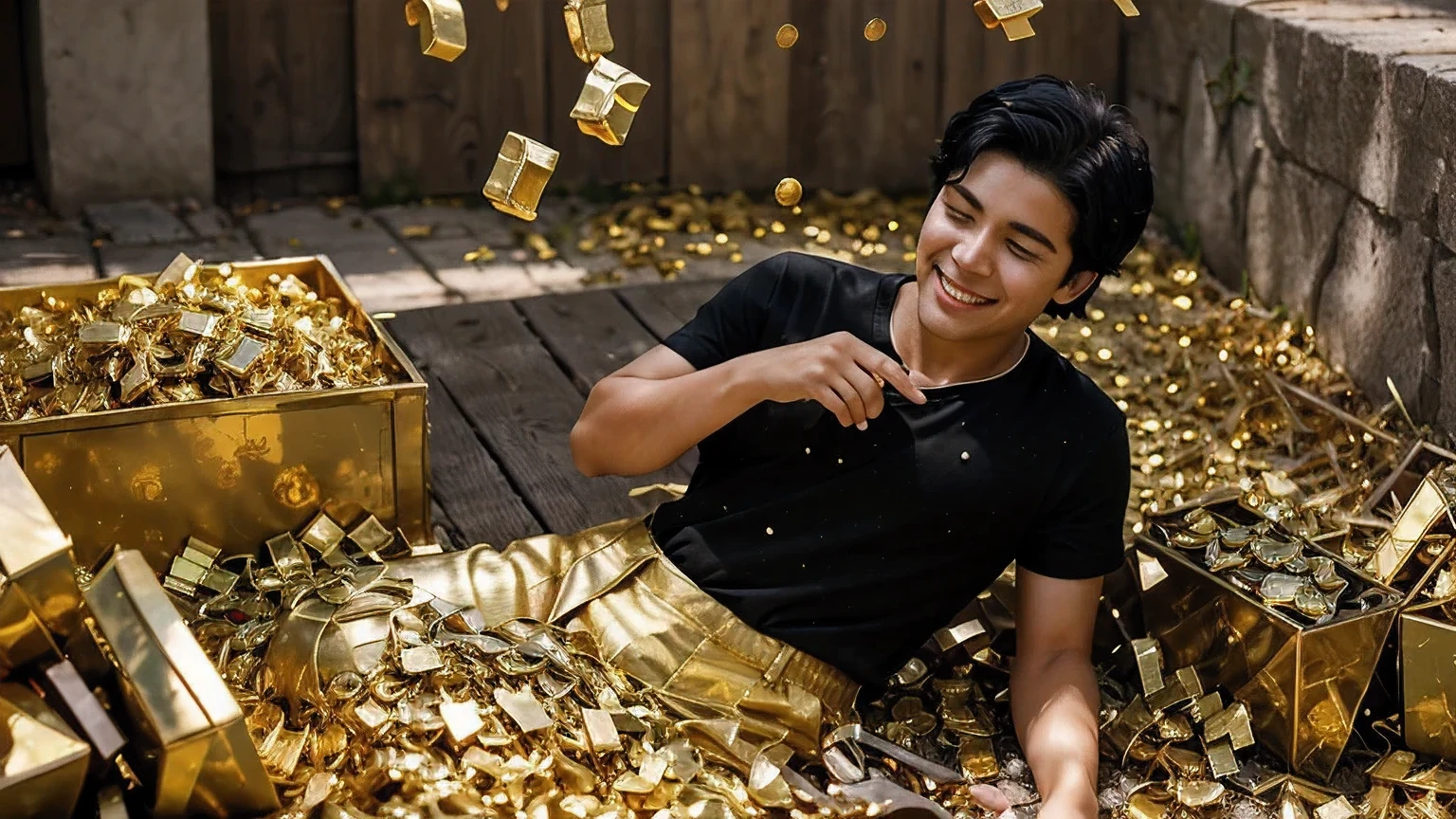 a boy finds an enchanted chest of gold and is very happy gold is scattered around the chest. masterpiece, best quality, male, black hair, black shirt, short sleeves, pants,
Exclude ugly face, ugly fingers and overall ugliness