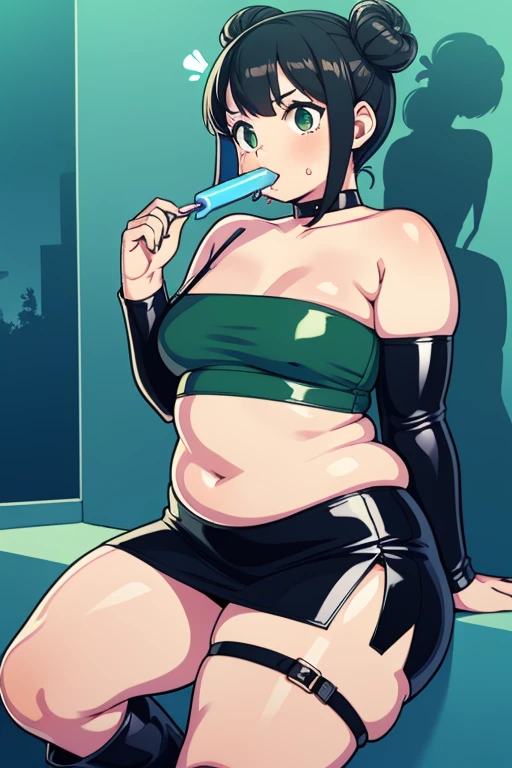detailed digital art, dark green slim girl, hair is in two buns, undersized clothes, ((tight leather mini tube top)), small , leather mini skirt, tight leather stockings, pair of leather boots, licking popsicle