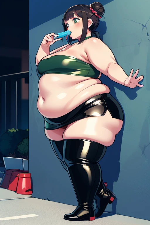 detailed digital art, dark green slim girl, hair is in two buns, undersized clothes, ((tight leather mini tube top)), small breast, leather mini skirt, tight leather stockings, pair of leather boots, licking popsicle