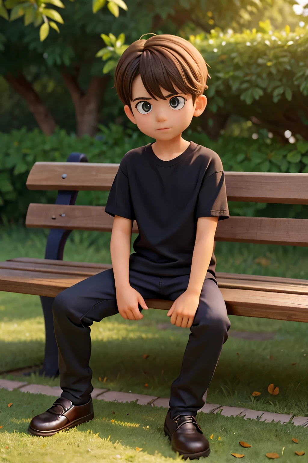 A imagem mostra um menino sentado em um banco de madeira, which is located near a fence. The boy is wearing a black shirt and appears to be looking at the camera. The bench is positioned in the middle of the scene, com a cerca estendendo-se para os lados esquerdo e direito da imagem. The boy's posture and the presence of the bench suggest that this could be a park or a similar outdoor environment.Gere essa imagem no estilo de anima