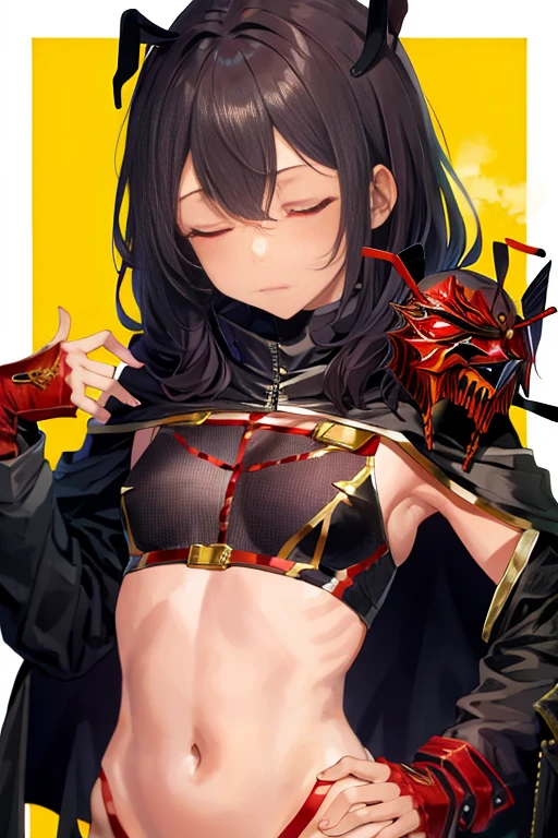 upper body, hornet, 1girl, solo, mask, closed eyes, simple background, (black skin:1.2), red capelet, turtleneck, hands on hips