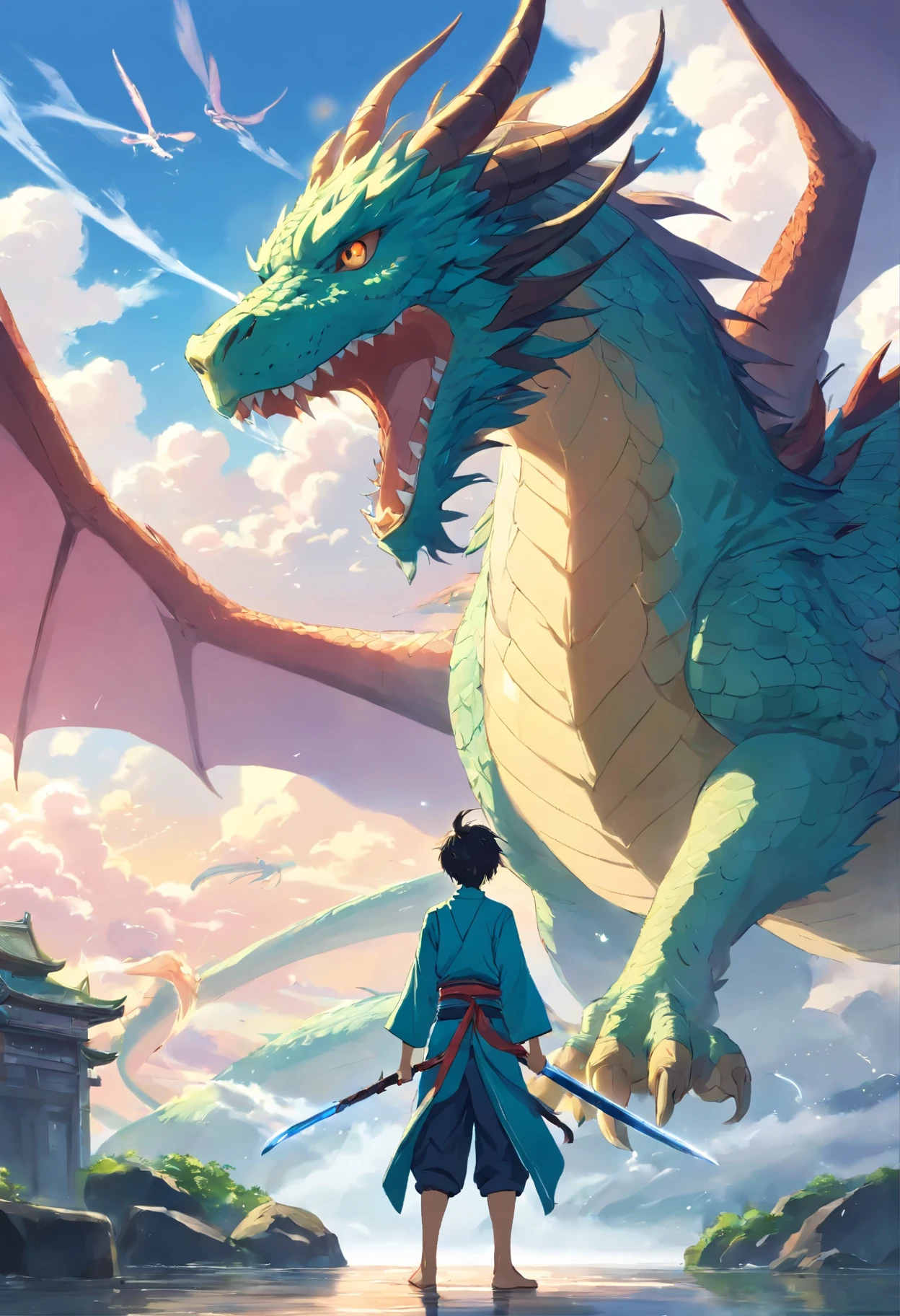 A man standing in front of a dragon with a sword, the dragon flies in the clouds, a man facing the dragon, the details of the faucet are obvious at a glance, the character lines are clear, the sword must be straight and sharp, chinese dragon, oriental dragon, epic fantasy art, epic fantasy digital art style, epic fantasy art style, epic fantasy illustration, epic fantasy art style hd, epic fantasy style art, detailed digital 2D Fantasy Art, Detailed Fantasy Art, Epic Fantasy Artwork, Detailed Fantasy Digital Art, Epic Fantasy Art