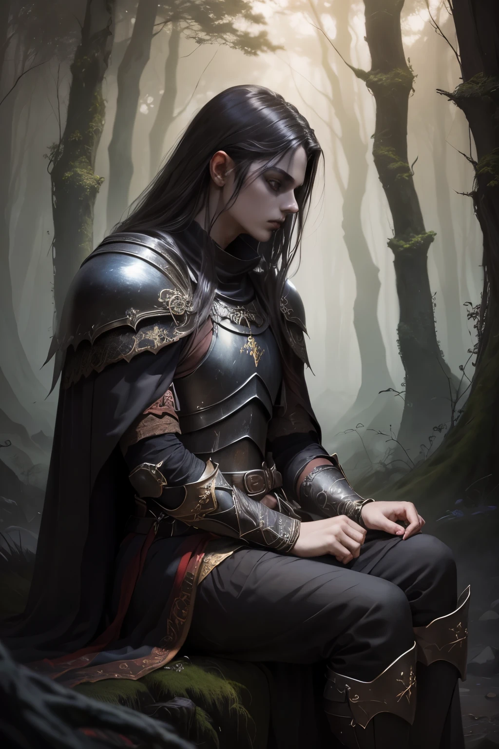 ,dark fantasy style art, dark fantasy artwork, 8k fantasy art, dark fantasy style, 4k fantasy art, epic fantasy art style hd, dark fantasy art, dark fantasy concept art, Epic fantasy in the style of digital art, in style of dark fantasy art, knight sitting in the forest