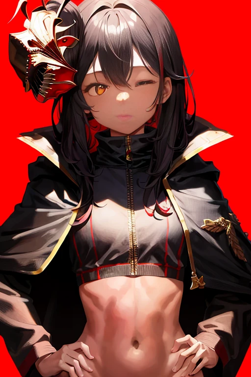 upper body, hornet, 1girl, solo, mask, closed eyes, simple background, (black skin:1.2), red capelet, turtleneck, hands on hips