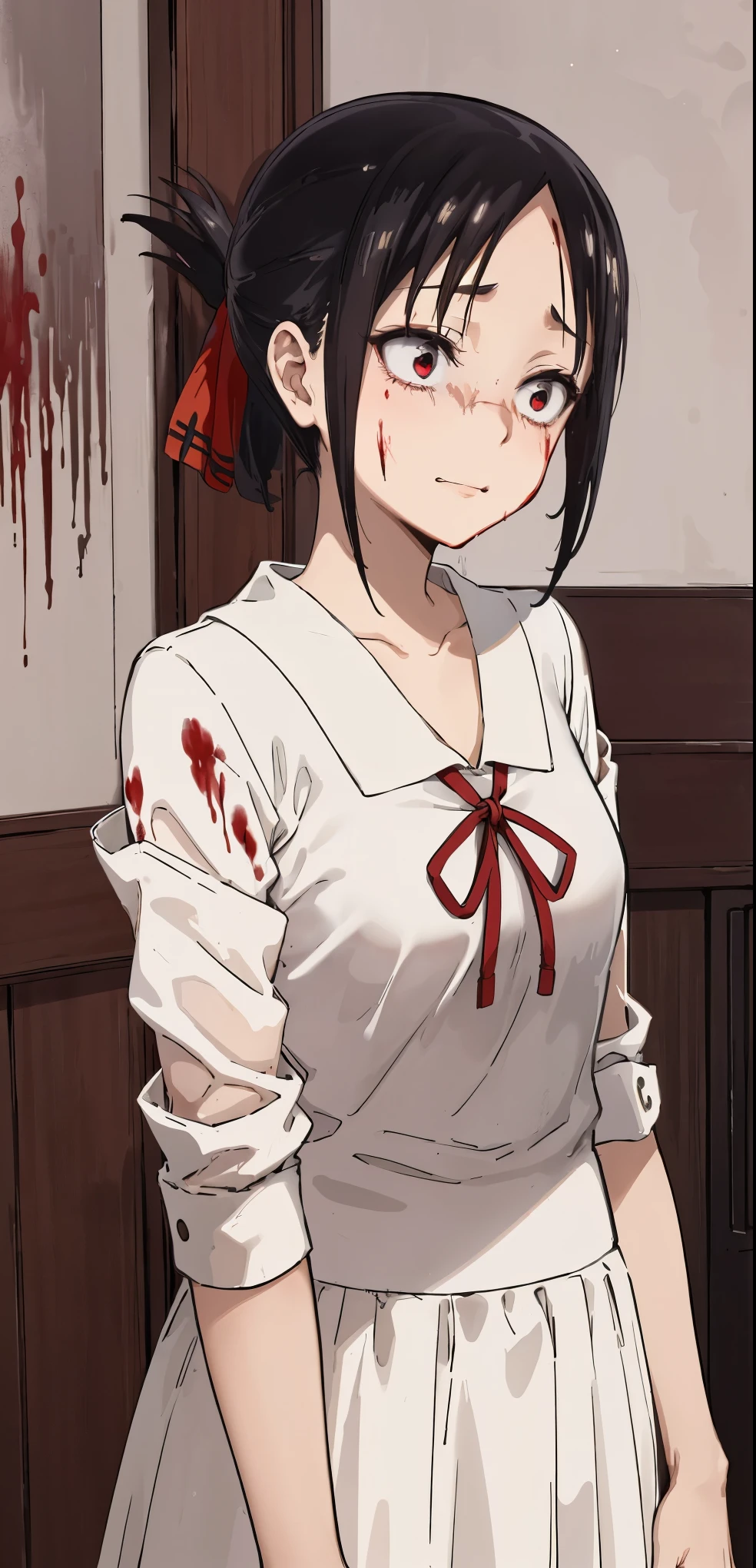 best quality, (masterpiece:1.2), detailed,
shinomiya kaguya,
1girl, solo, closed mouth, light smile,
black hair, red eyes, short hair, folded ponytail, hair ribbon, no sleeve, red ribbon,
standing, looking at the viewer, medium breasts,((upper body)), (((blood, evil, cruel girl, dominant))), blushed,  healthy skin. Ultra-detailed eyes. Scared expression 