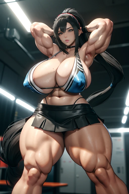 Best quality,8K,ultra high res:1.5),(Pretty very very long ponytail hair tied with red ribbon girl),(Huge breasts:1.20),(very voluptuous body),(very voluptuous thigh),(body builder girl:1.5),(wide muscle:1.8),(light smile),(eyes to camera),(light black hair),(red bra),(grey short skirt),(sexy abdominal muscles),(standing),(black shoes),(nipples),(blue eye ball),(nipples),(naked)