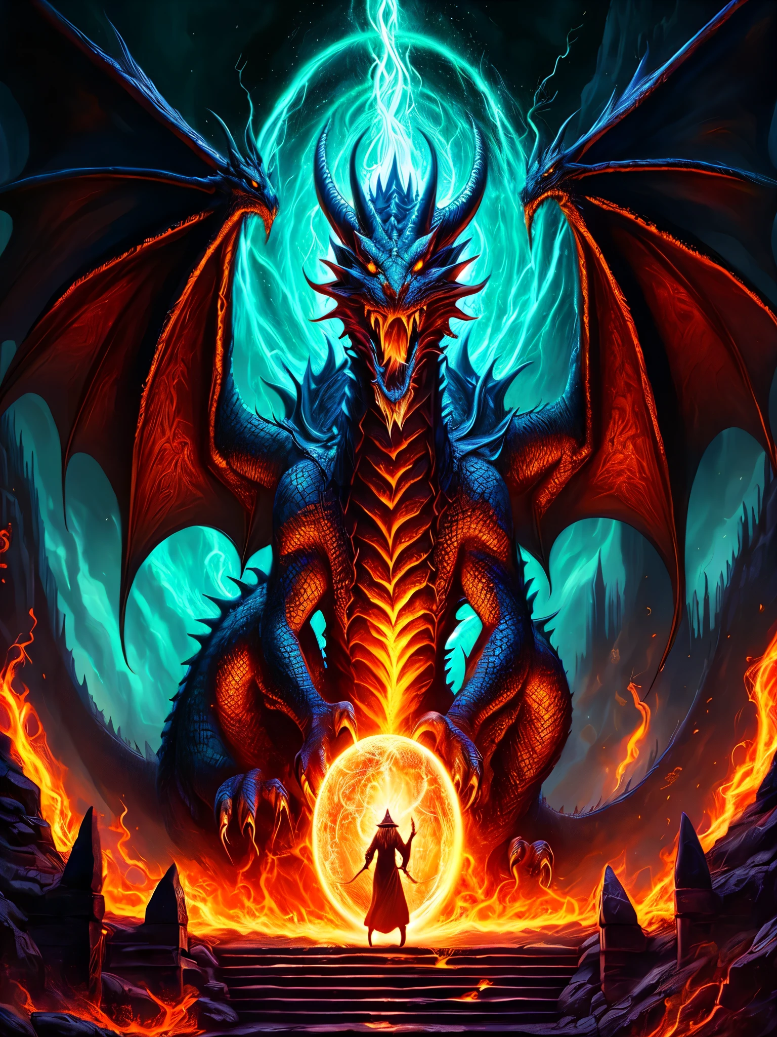 a dragon with a glowing orb in its mouth stands in front of a stairway, fractal thunder dan mumford, symmetrical epic fantasy art, dan mumford and alex grey style, dragon centered, dragon queen, charging through a dragons lair, epic fantasy art style, epic fantasy digital art style, epic dragon, dungeon and dragons art, the devil in hell as a dragon