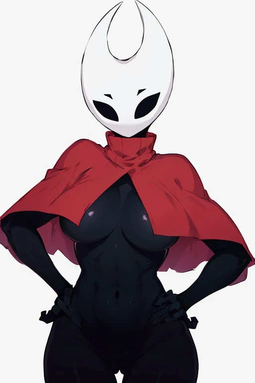 upper body, hornet, 1girl, solo, mask, closed eyes, simple background, (black skin:1.2), red capelet, turtleneck, hands on hips