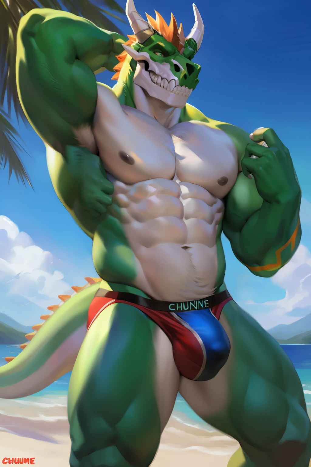 A muscular male green dragon, seductively smiling, adorns a beach setting, wearing only a fitted Speedo that accentuates his captivating physique and a noticeable large bulge. With a skull head, his allure is heightened under the hot sun, captured in high quality and intricately detailed by the artistic hand of chunie. NSFW.