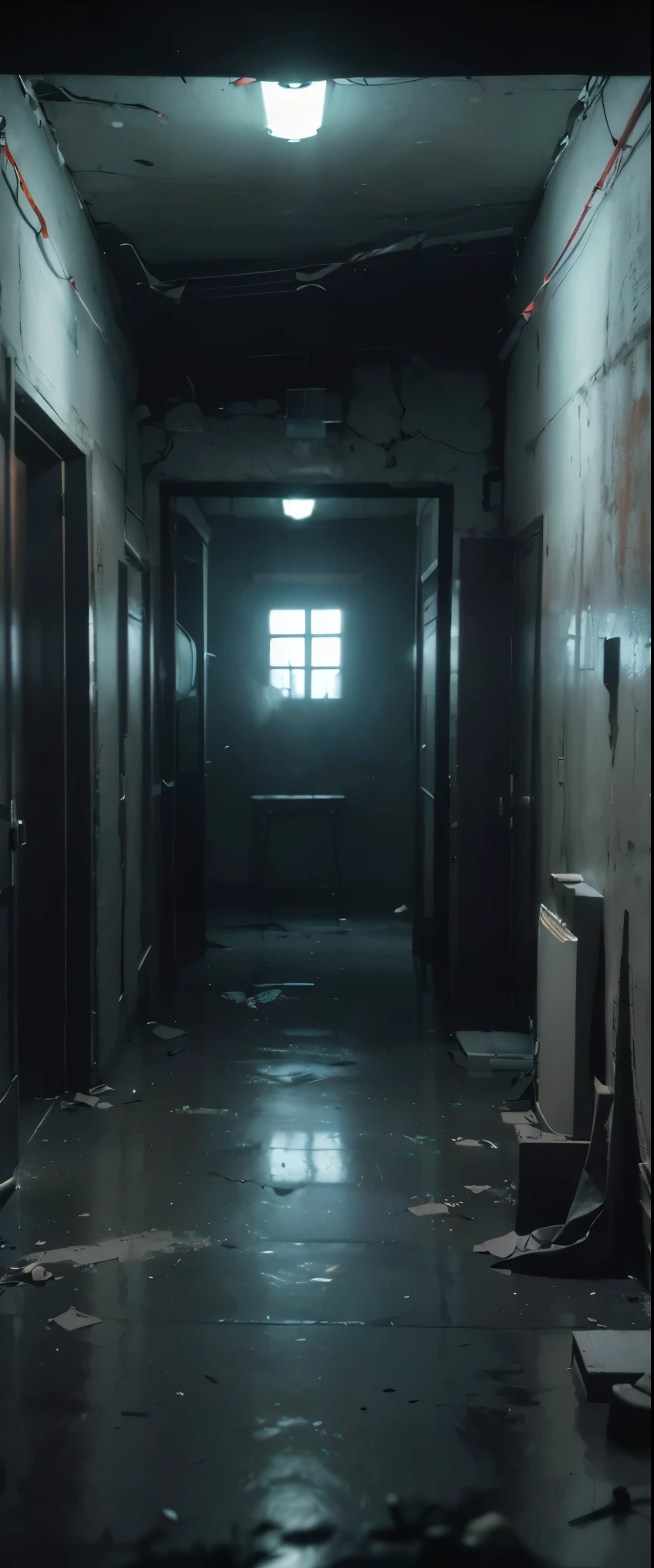 (highest quality)、((masterpiece)、(detailed:1.4)、3D、HDR(high dynamic range)、ray tracing、NVIDIA RTX、super resolution、Unreal 5、Spooky places、Night Hospital、Emergency light、overall dark atmosphere、Messy floor、dead end of a narrow passage、
