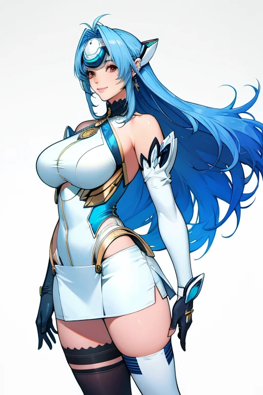 kos-mos,
nice hands,
perfect hands,
(extremely detailed CG unity 8k wallpaper, an extremely delicate and beautiful),
(perfect anatomy:1.2),
1 girl,
solo,
armor,
bare shoulders,
earrings,
forehead_protector,
gem,
gloves,
hair ornament,
hairband,
headpiece,
jewelry,
neon trim,
skin tight,
tiara,
white dress,
blue hair,
eyelashes,
floating hair,
large breasts,
red eyes,
swept bangs,
very long hair,
pose,
smile,
white background,
official art,
saitou masatsugu,