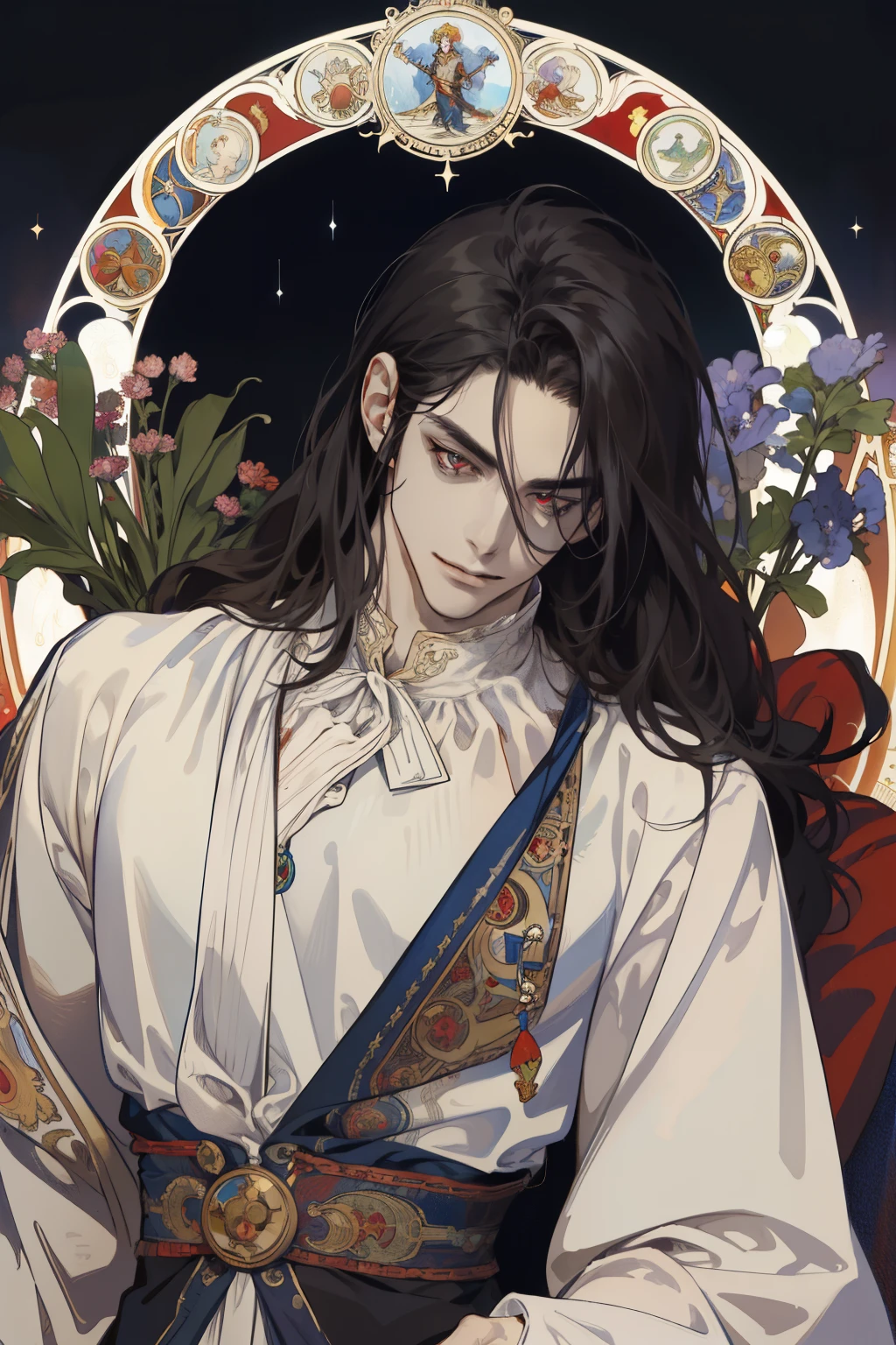 (absurdity, a high resolution, over-detailed), 1 man, adult, The cutest, tall muscular guy, broad shoulders, detailed eyes and detailed face, Beating up the magic, Winding flame, (masterpiece, side light, beautiful beautiful eyes: 1.2), HDR, (glowing red eyes)), Handsome long-haired man, Black hair, musculature, rain, Beautiful, facing the camera, masterpiece Fool \tarot\, bard, clown, Symbolism, art, occultism, Universal, Vision Casting, Philosophical, Iconography, Divination by numbers, Popularity, art, by Alphonse Mucha, sexuality, mysterious grin