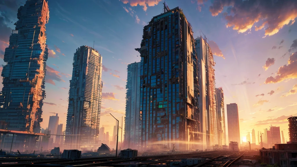 (best quality, 4k, 8k, highres, masterpiece:1.2), ultra-detailed, abandoned destroyed city with skyscrapers covered with vegetation on background, sunset, railroad between buildings, vine, anime girl in castoffs close to camera, ash hair, green eyes, look at viewer, torn clothes.
