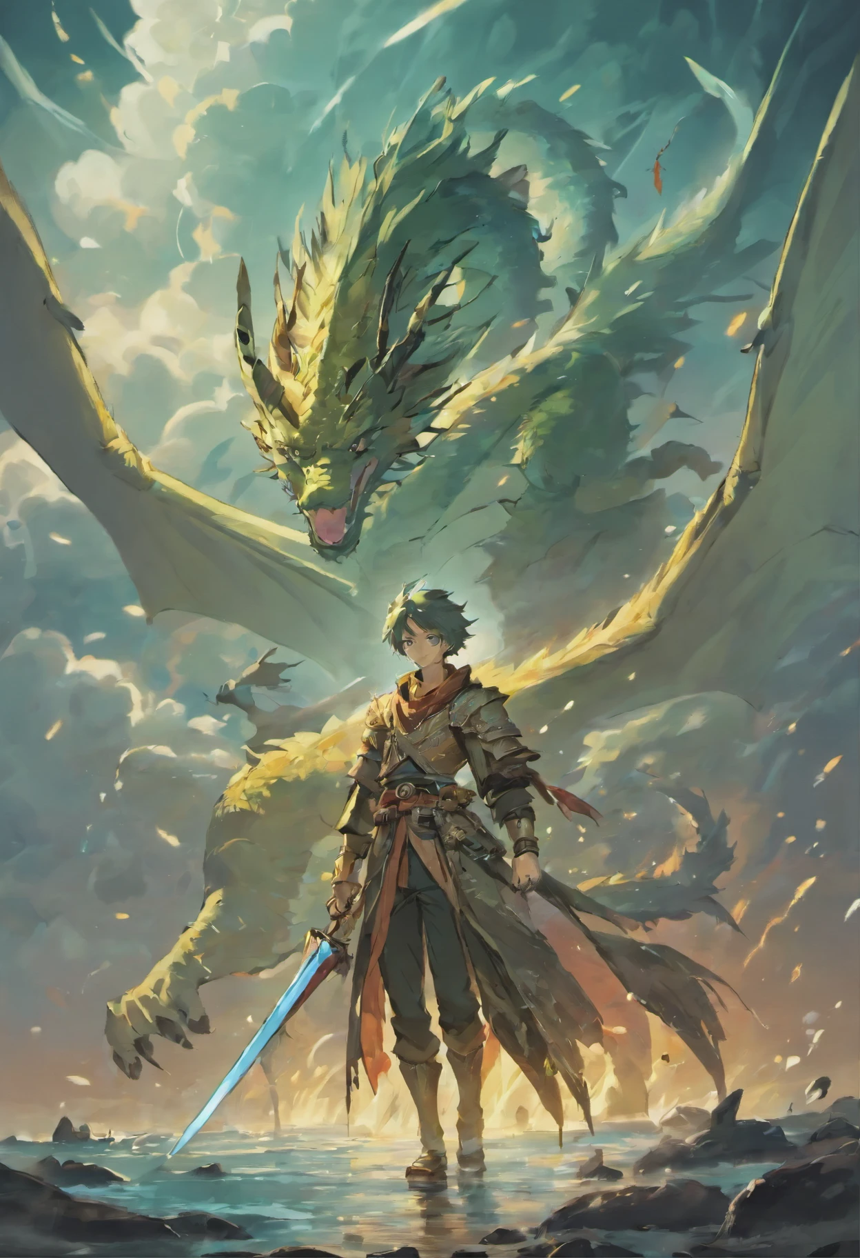 
​A man standing in front of a dragon with a sword, the dragon flies in the clouds, a man facing the dragon, the details of the faucet are obvious at a glance, the character lines are clear, the sword must be straight and sharp, chinese dragon, oriental dragon, epic fantasy art, epic fantasy digital art style, epic fantasy art style, epic fantasy illustration, epic fantasy art style hd, epic fantasy style art, detailed digital 2D Fantasy Art, Detailed Fantasy Art, Epic Fantasy Artwork, Detailed Fantasy Digital Art, Epic Fantasy Art