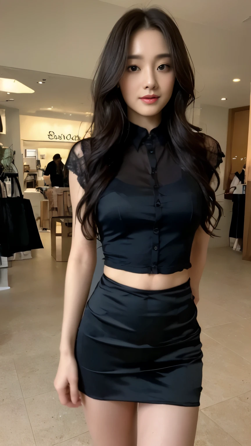 ((top-quality、8k、masterpiece:1.3))、Beautiful woman with perfect body:1.4、slim abdomen:1.2、Longhair, normal breast, Highly detailed facial and skin texture, A detailed eye, delicate eyes, (smile), (full body shot), ((shopping mall)), (standing), (((wearing black silk shirt with short skirt))), looking in front,