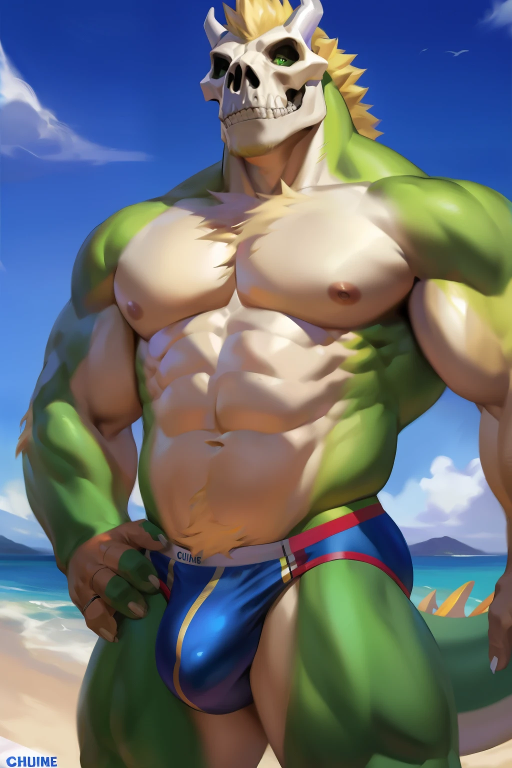 A muscular male green dragon, seductively smiling, adorns a beach setting, wearing only a fitted Speedo that accentuates his captivating physique and a noticeable large bulge. With a skull head, his allure is heightened under the hot sun, captured in high quality and intricately detailed by the artistic hand of chunie. NSFW.