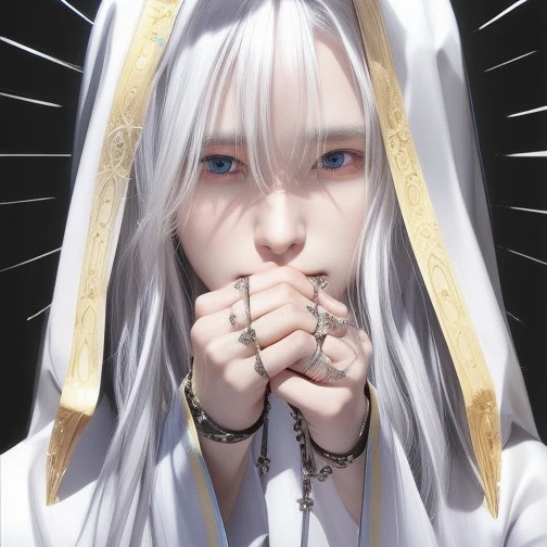 a close up of a man with a rosary in their hands, white haired deity, priest, with long white hair, white haired, with white long hair, tall guy with blue eyes, white-haired, beautiful male god of death, anime background 