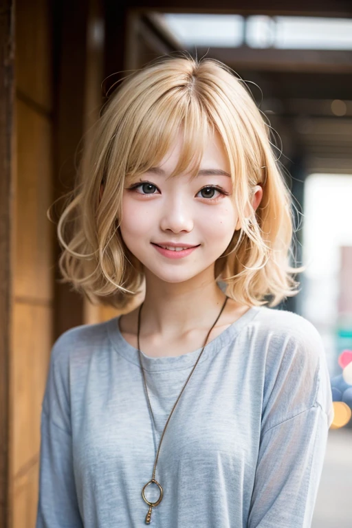 studio light, depth of field, upper body, slender, cute face, smile, beautiful details eyes, 19yo japanese, pretty, Voluminous curls with warm blonde color, Plaza, casual