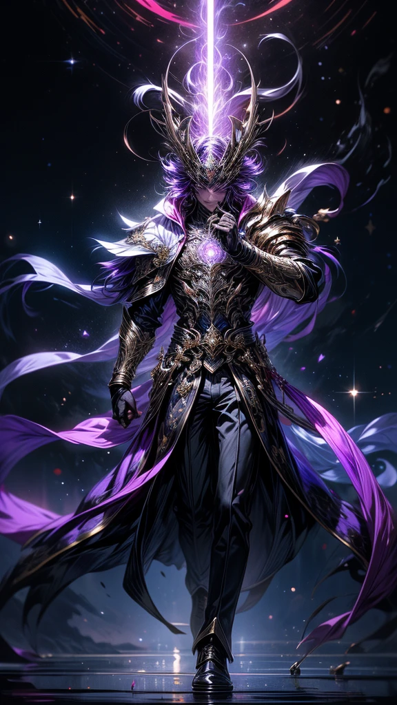 Masterpiece, best quality, high resolution, highly detailed, 1 boy, handsome face, long purple hair ( light in the hair), with purple eyes ( glowing eyes ), wearing a white hoodie, and white pants, silver watch, light skinned, surrounded by the splendors of the universe, pay attention to stunning details, and achieve a resolution of 64k, floating in a dynamic pose with purple flames on his hands, high quality, with a majestic aura of authority.