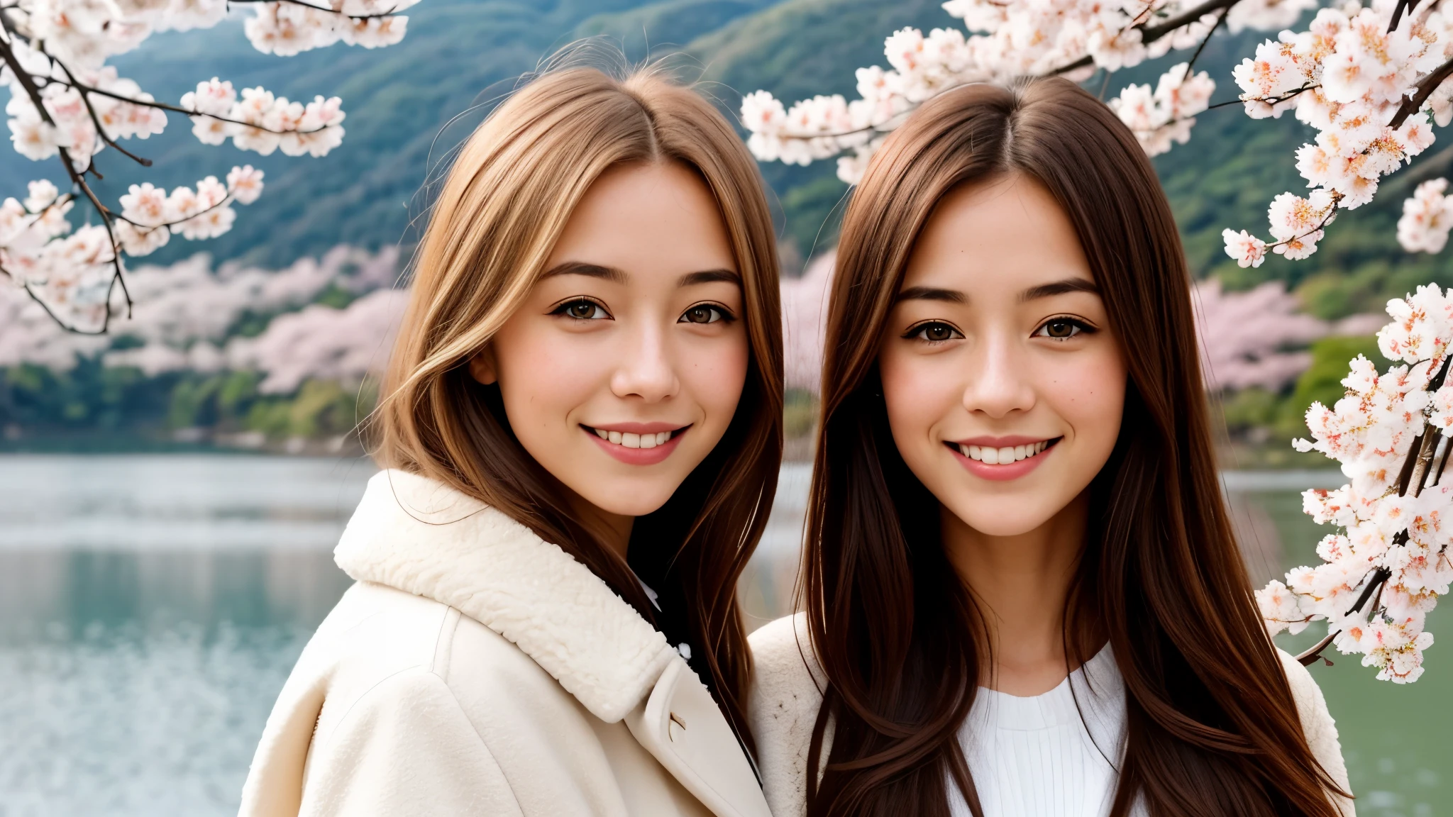 Instagram pictures, 1French Girl, Shoulder length hair, with light blonde hair, Close-up photo, coat, The background is the lake Kawaguchiko with cherry blossom, Japan, smile a little,
