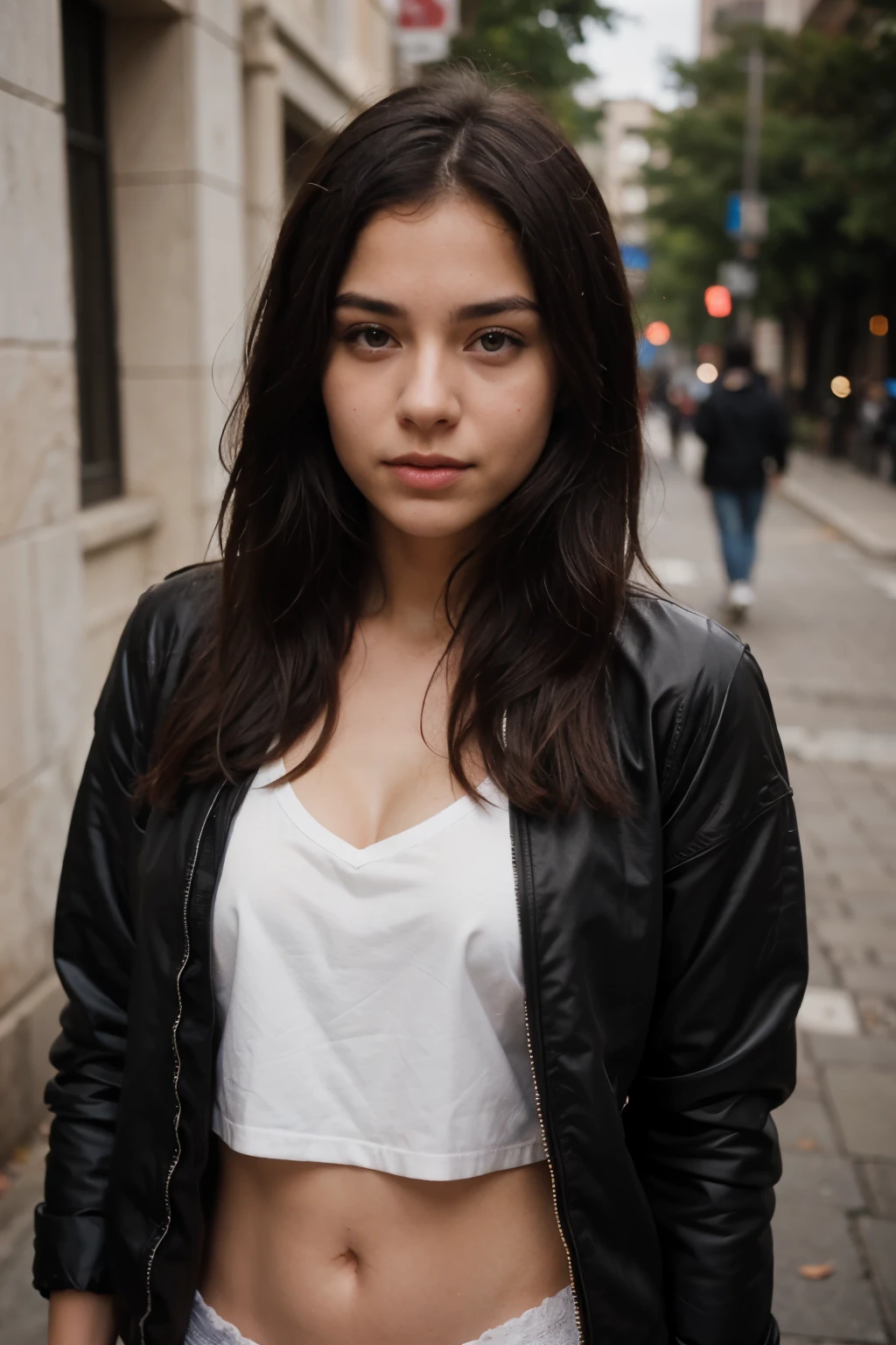 photograph of a 20 year old woman., es la cara perfecta, obra maestra, el bueno, desnudarse, negro_el bueno, chaqueta, negro_