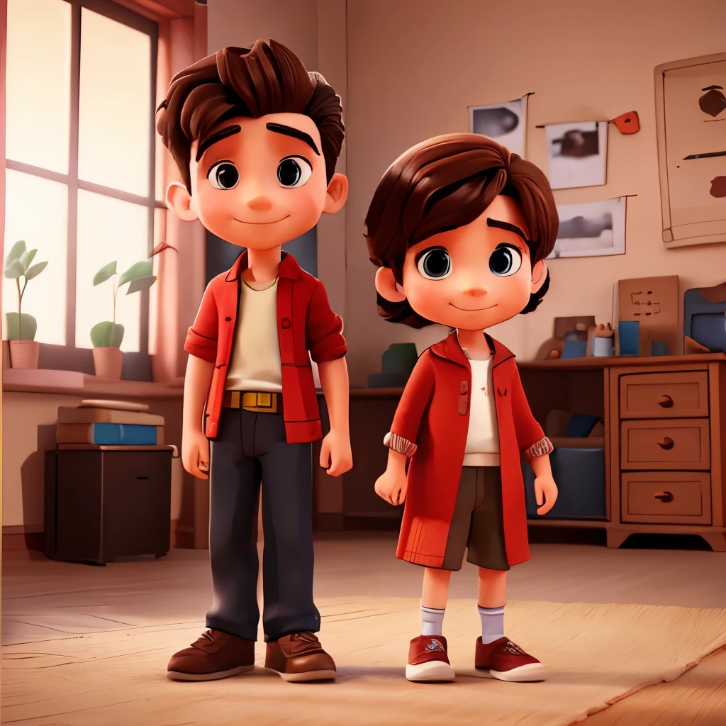 A 3D caricature of a young couple, a boy and ac aged 10 years old. The boy wears a red
