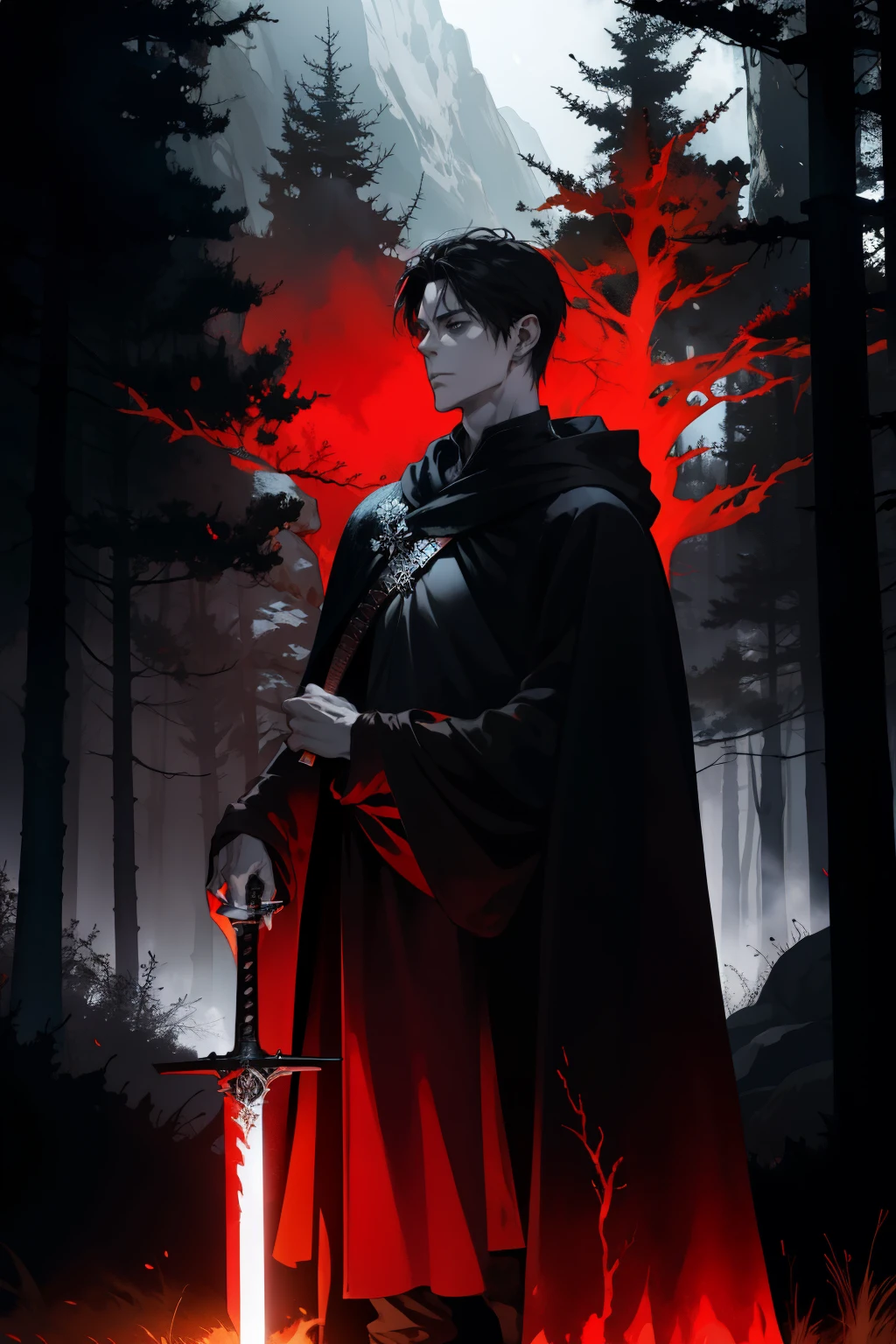 a man in a cloak holding a sword in a dark black and red forest, hold sword in the forest, Glowing Sword (red),dark fantasy style art, dark fantasy artwork, 8k fantasy art, dark fantasy style, 4k fantasy art, epic fantasy art style hd, dark fantasy art, dark fantasy concept art, Epic fantasy in the style of digital art, in style of dark fantasy art, Glowing Sword in hand, burning forest, flame, camp fire