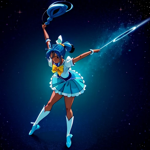 anime, magical girl, (happiness charge precure), pretty cure, (dark skin), African American, (((gigantic braided ponytail winds swings around, cyan hair))), long loose white ribbon in hair, white knee-high boots, solid light blue skirt, gold heart brooch on chest, curly ribbons on brooch, (black shirt), ((posed in ballet fourth position)), 1girl, smile, (magical, magnificent, masterpiece:1.3), spiral pattern background