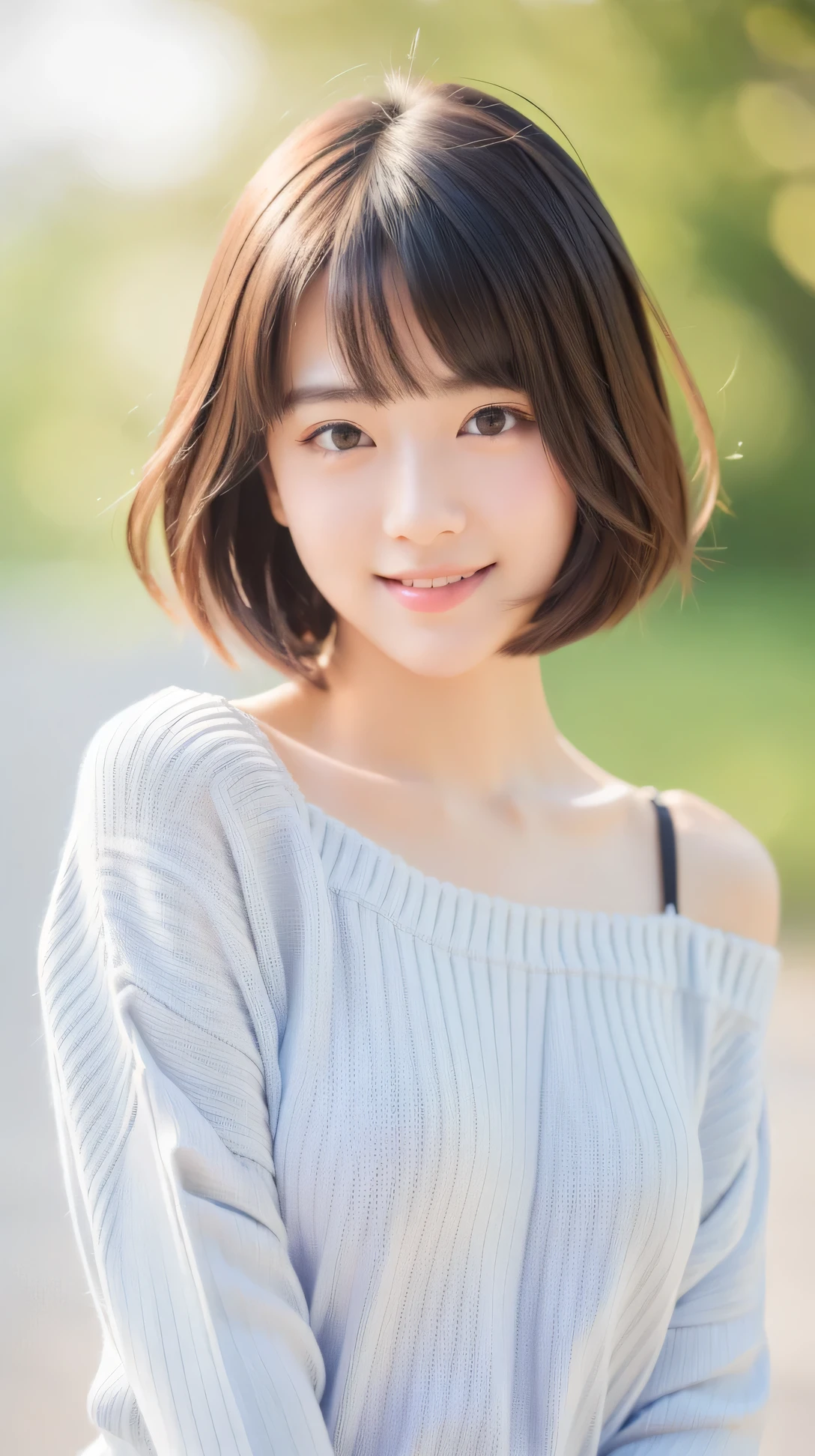 (masterpiece, highest quality, RAW photo, realistic:1.2), smile, beautiful girl, cute, delicate girl, short hair, written boundary depth, High resolution, Super detailed, detailed, 非常にdetailedな目と顔, realistic student, sharp focus, cinematic lighting, Upper body, bangs, knit sweater,