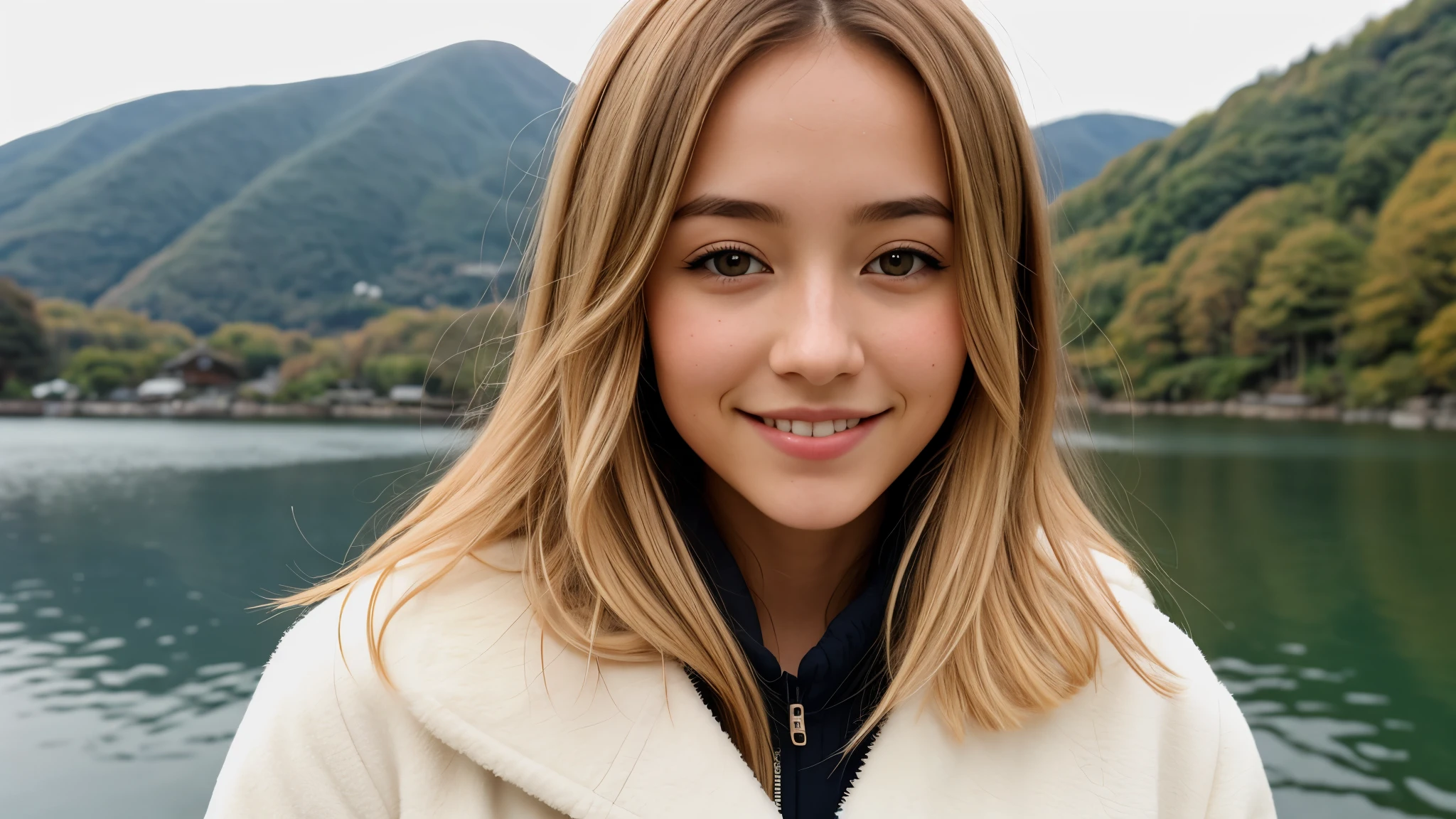 Instagram pictures, 1 French girl, Shoulder length hair, Has light blonde hair, Close-up photo, coat, The background is Lake Kawaguchiko., Japan, smile a little,