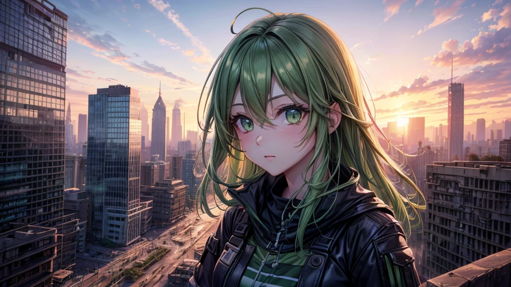 (best quality, 4k, 8k, highres, masterpiece:1.2), ultra-detailed, abandoned destroyed city with skyscrapers covered with vegetation on background, sunset, railroad between buildings, vine, anime girl in castoffs close to camera, ash hair, green eyes, look at viewer, torn clothes.