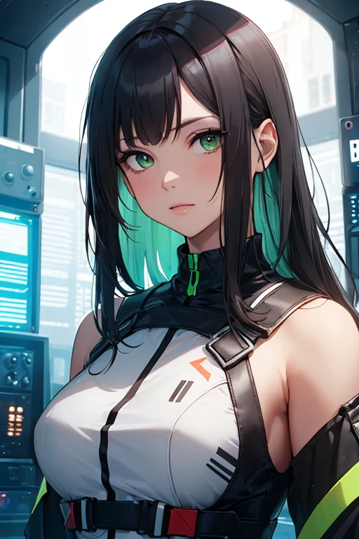 A young woman covered in radiant green binary code with subtly striking green eyes.