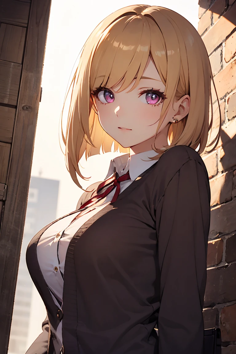 masterpiece, absurdres, best quality, ultra detailed, high Resolution, detailed illustration, extremely beautiful detailed face and eyes, Delicate beautiful face, bright colour, 1girl, cute face, magenta eyes, sparkling eyes, big eyes, medium breasts, (perky breasts:1.1), (pointy breasts:1.1), medium hips, glamorous body, white skin, happy, BREAK, long bob cut, (blonde hair:0.8), messy hair, detailed hair, shiny hair, BREAK cardigan, tiny ribbon, real world, natural lights, perfect lighting, outdoor, from below,
