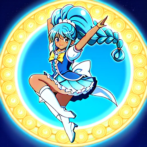 anime, magical girl, (happiness charge precure), pretty cure, (dark skin), African American, (((gigantic braided ponytail winds swings around, cyan hair))), long loose white ribbon in hair, white knee-high boots, solid light blue skirt, gold heart brooch on chest, curly ribbons on brooch, (black shirt), ((posed in ballet fourth position)), 1girl, smile, (magical, magnificent, masterpiece:1.3), spiral pattern background