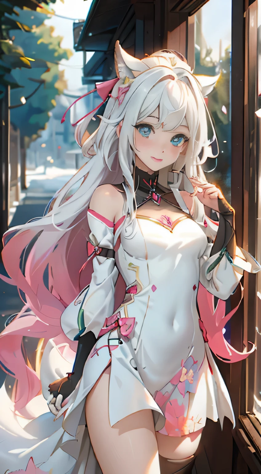 ((best quality)), ((masterpiece)), (detail:1.4), Beautiful cyberpunk female figure,human development report(high dynamic range),Ray tracing,NVIDIA RTX,super resolution,Unreal 5,subsurface scattering,PBR texture,post processing,Anisotropic filtering,depth of field,Maximum clarity and sharpness,multi-layer texture,Albedo and specular maps,surface coloring,Mitsu-Accurate simulation of material interactions,Perfect proportion,Rendered by Octane,Dichroic light,Large aperture,Low ISO,white balance,Three rules、8K raw data、Beautiful bright blue pupils,off-the-shoulder clothes,Excellent students,Delicate face and eyes,long eyelashes,blush blush,Fine and fluffy hair,pink lips,pure,cute face,sweet girl,Artistic sense,casual wear,A sense of luxury,Butterfly,Sakura petals,beautiful hair accessories,Long hair and waist,hair blowing in the wind,Snow-white fox ears,curls,snow white furry tail,Positive light,The light from the rear window is backlit