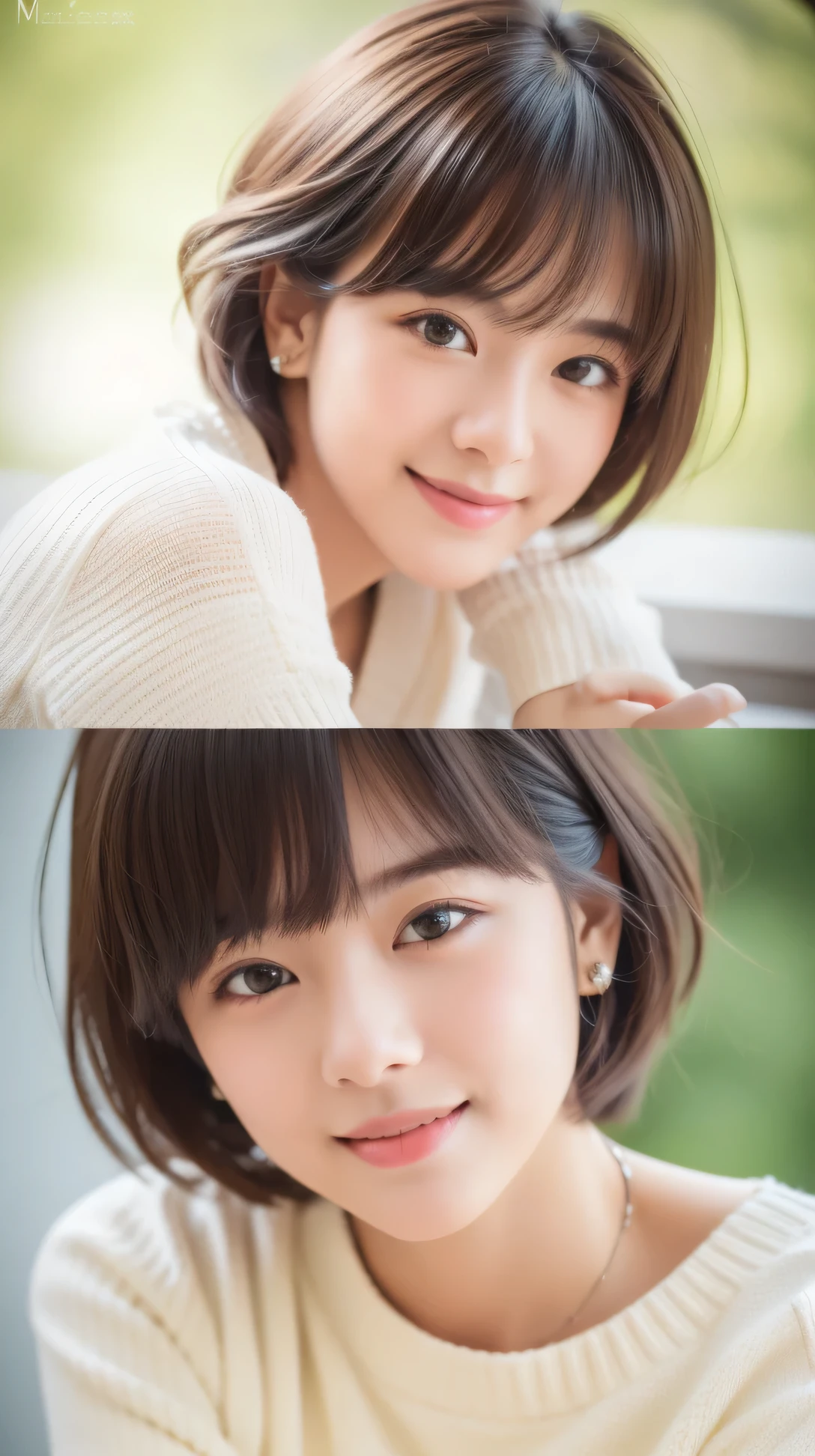 (masterpiece, highest quality, RAW photo, realistic:1.2), smile, beautiful girl, cute, delicate girl, short hair, written boundary depth, High resolution, Super detailed, detailed, 非常にdetailedな目と顔, realistic student, sharp focus, cinematic lighting, Upper body, bangs, knit sweater,