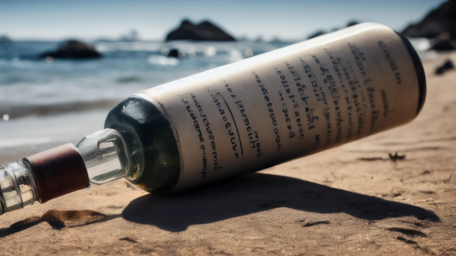 hyper ultra realistic photographs full body of A message in a bottle, its contents written in a language unknown, washes up on a foreign shore. The finder, captivated by the intricate script and the longing etched within the words, embarks on a quest to decipher the message and connect with the soul it carries across the vast ocean. ratio 16:9, 4k, 8k resolution, High quality photo, high detailed, imagesharp focus, Cinematic lighting,hyperdetailed & Unreal engine, detail, realism, photography,cinematography, camera NIKON, lens NIKKOR flagship, masterpiece. hyper-maximalism, ultradetailed photorealistic, light skin imperfections, final render, vray, photo, fashion