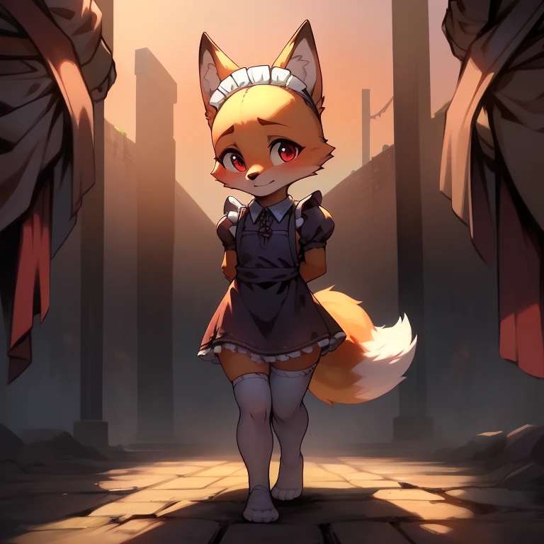 Best quality,Masterpiece,(Cartoony),solo person,(Maid group dress),((white stockings,White knee-length socks)),(Small ,for ,Short stature),((bald-headed,fox Facial Features,fox Body Features,Pale orange body)),((No ears,foxears)),(Walking forward,Hands behind their backs,Rope binding,Bundled),red color eyes,bunny tail,fox feet,Medieval execution site background, shy fox