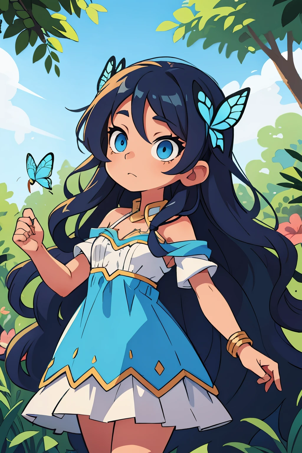 Blue long wavy hair, Blue eyes, dress like in Egypt, butterflies on the hair 