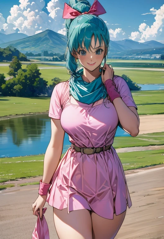 (Photo:1.3), highdetail, Bulma_teen, 1girl, solo, long hair, looking at viewer, blush, smile, bangs, blue eyes, dress, bow, ribbon, standing, hair ribbon, short sleeves, thighs, cowboy shot, outdoors, green hair, sky, day, belt, cloud, water, scarf, blue sky, short dress, grass, building, wristband, pink dress, clothes writing, pouch, brown belt, river, lake, (acclaimed, alluring, captivating, exciting, gorgeous, striking:1.3), (trending on artstation:1.3)