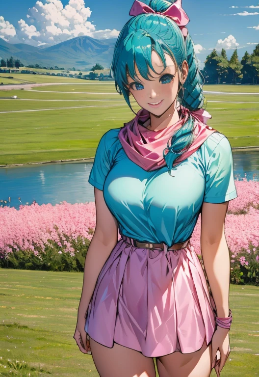 (Photo:1.3), highdetail, Bulma_teen, 1girl, solo, long hair, looking at viewer, blush, smile, bangs, blue eyes, dress, bow, ribbon, standing, hair ribbon, short sleeves, thighs, cowboy shot, outdoors, green hair, sky, day, belt, cloud, water, scarf, blue sky, short dress, grass, building, wristband, pink dress, clothes writing, pouch, brown belt, river, lake, (acclaimed, alluring, captivating, exciting, gorgeous, striking:1.3), (trending on artstation:1.3)