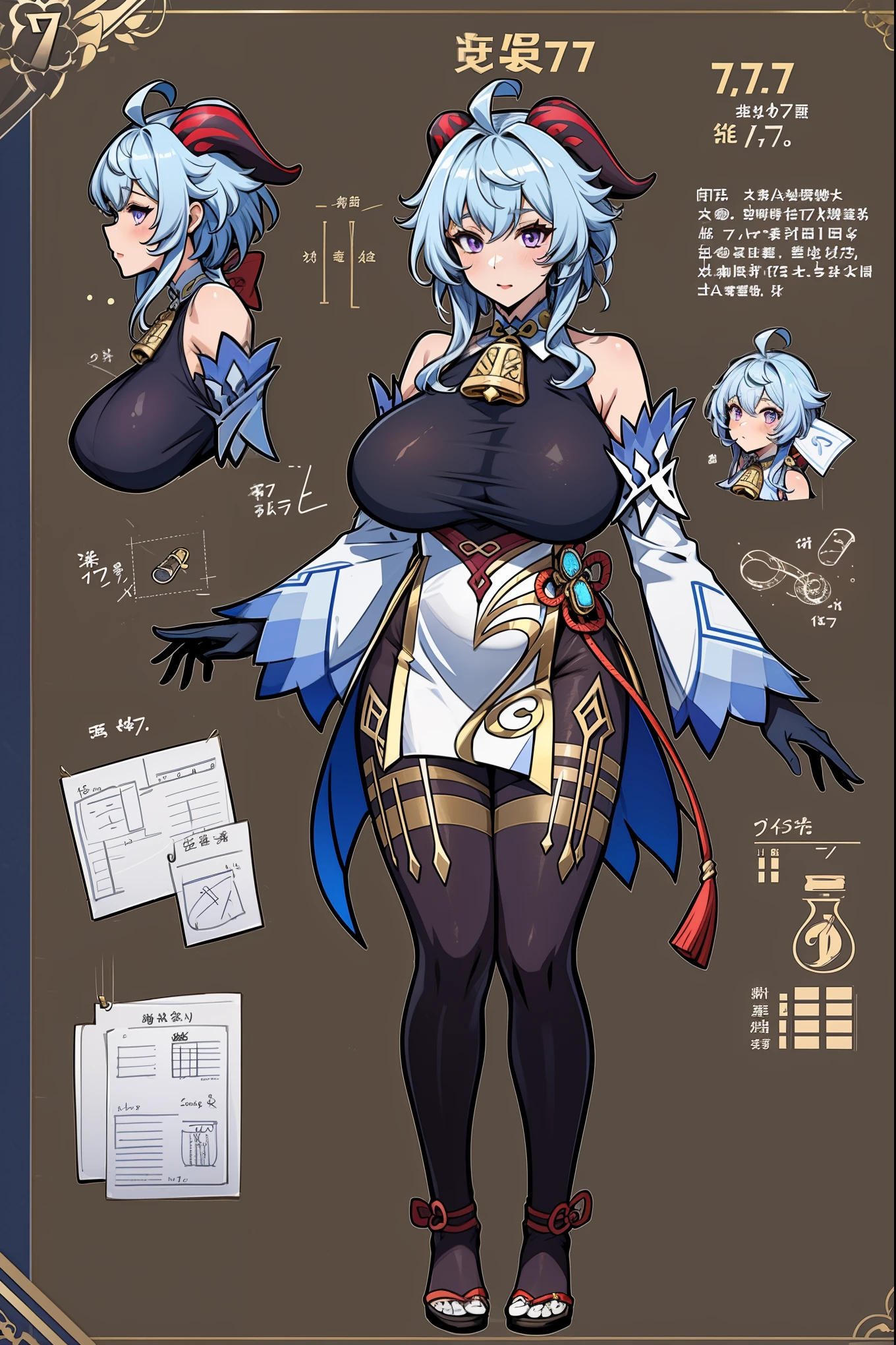 girl, solo, full body, from head to toe, standing, (Huge_Breasts:1.3), beautiful body, perfect body, nice body,
((Character Design Sheet:1.7, character reference sheet:1.7,)),
ganyu \(genshin impact\), Ganyu_Genshin, 1girl, solo, long hair, blue hair, purple eyes, low ponytail, ahoge, horns, long hair, low ponytail, ahoge, horns,
bare shoulders, neck bell, bodystocking, white dress, gold trim, flower knot, detached sleeves, black gloves, pelvic curtain, thighlet, pantyhose,